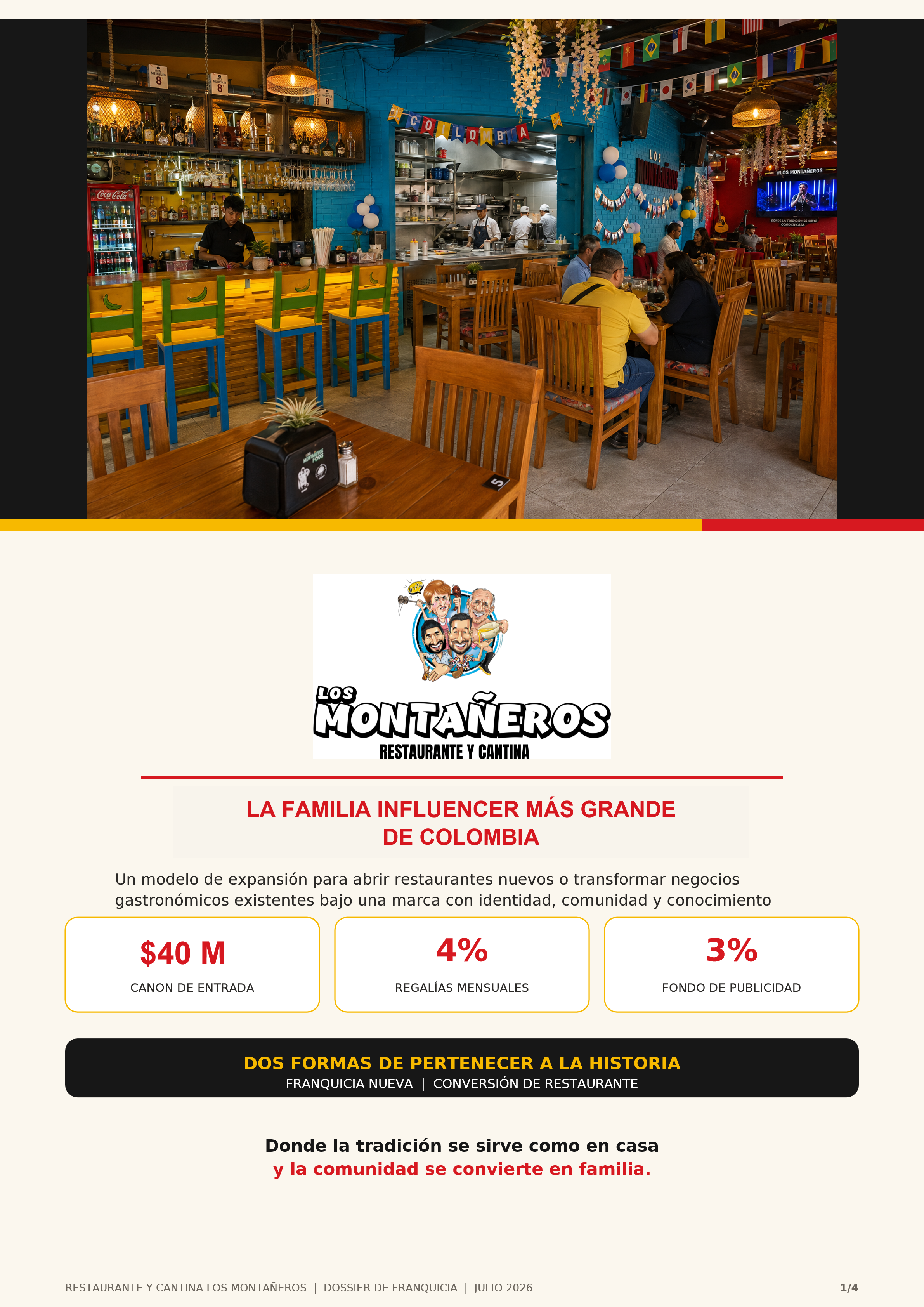 Dossier de Franquicia Los Montañeros - Portada y Cifras Clave: Canon $40M, Regalías 4%, Publicidad 3%