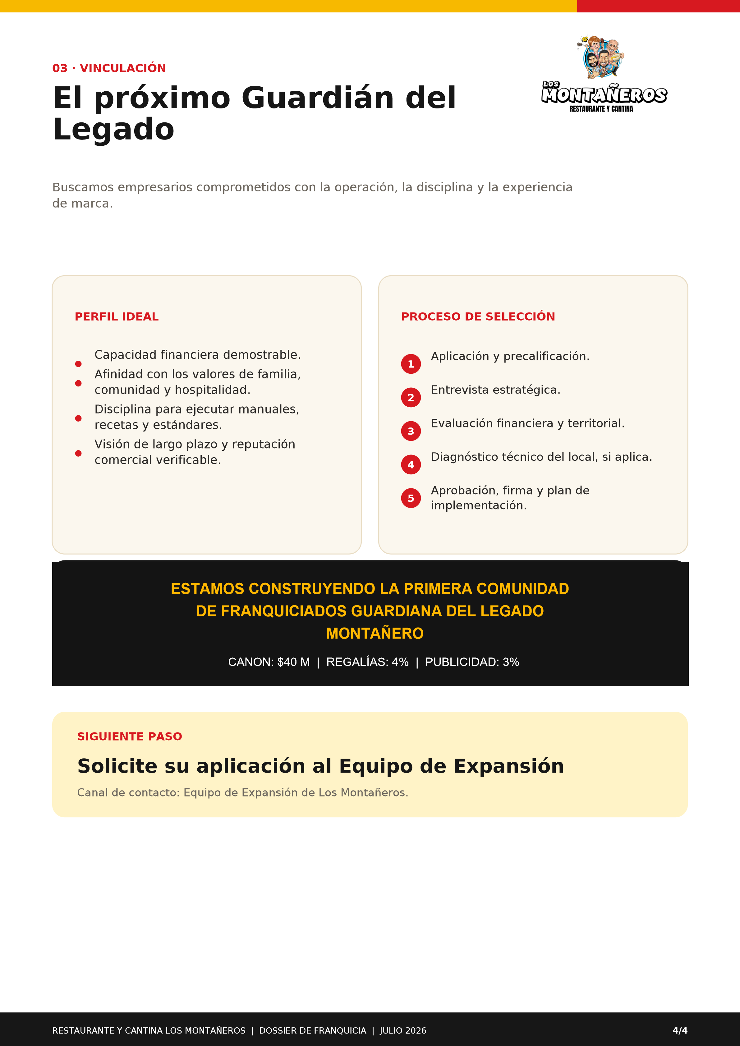 Dossier Franquicia Los Montañeros - Proceso de Selección y Vinculación en 5 Pasos